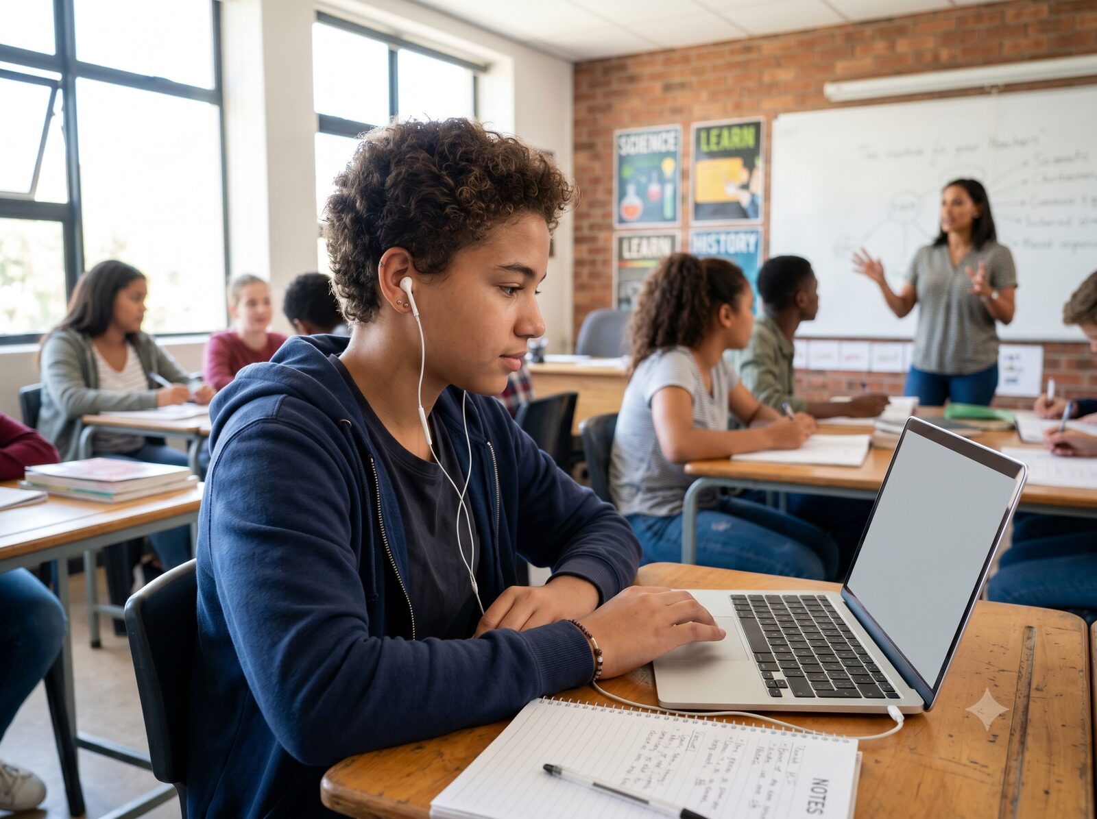 Student listening to TextAid in a modern secondary school classroom while taking notes