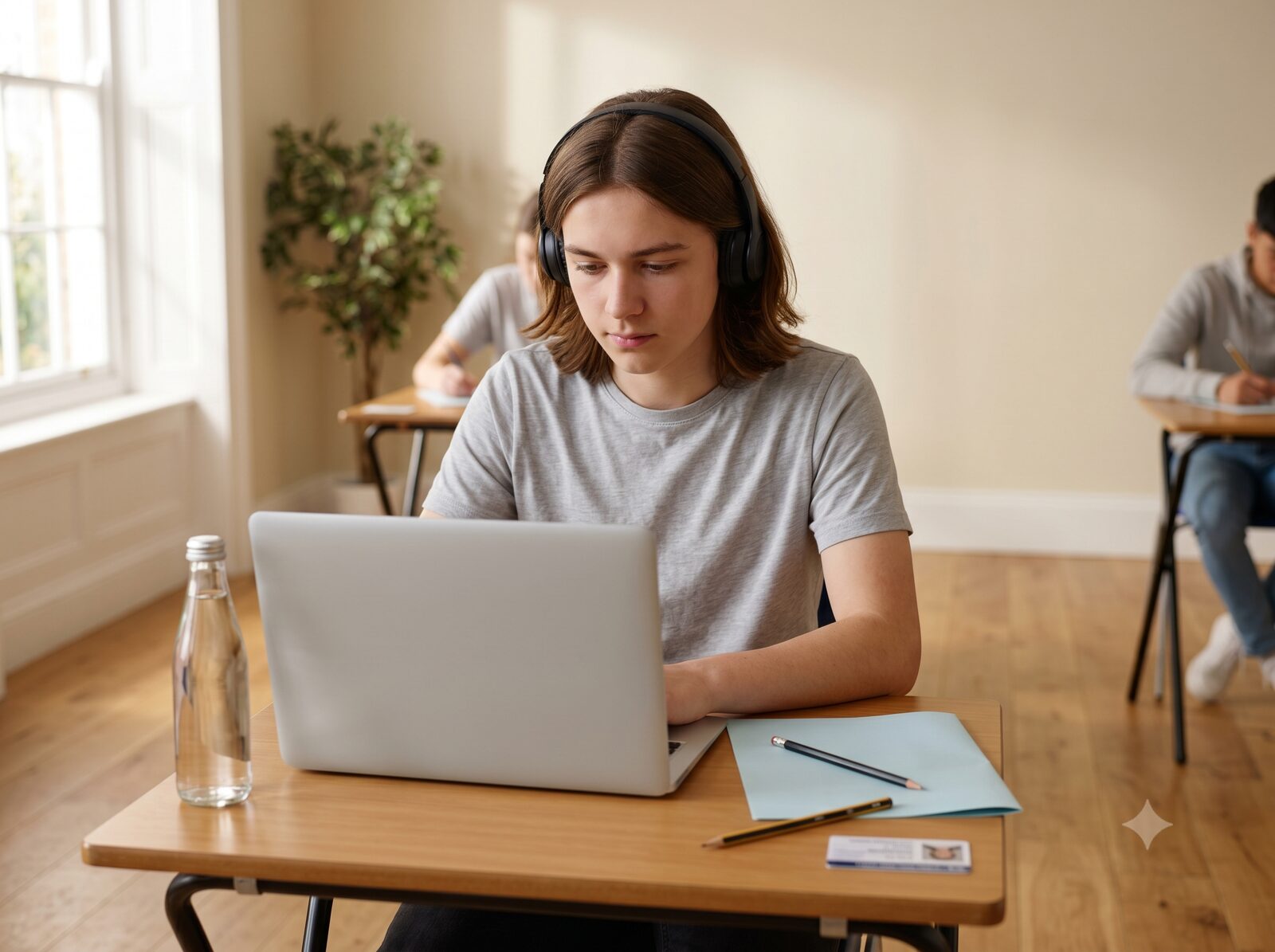 Student in a quiet exam room using TextAid in restricted exam mode